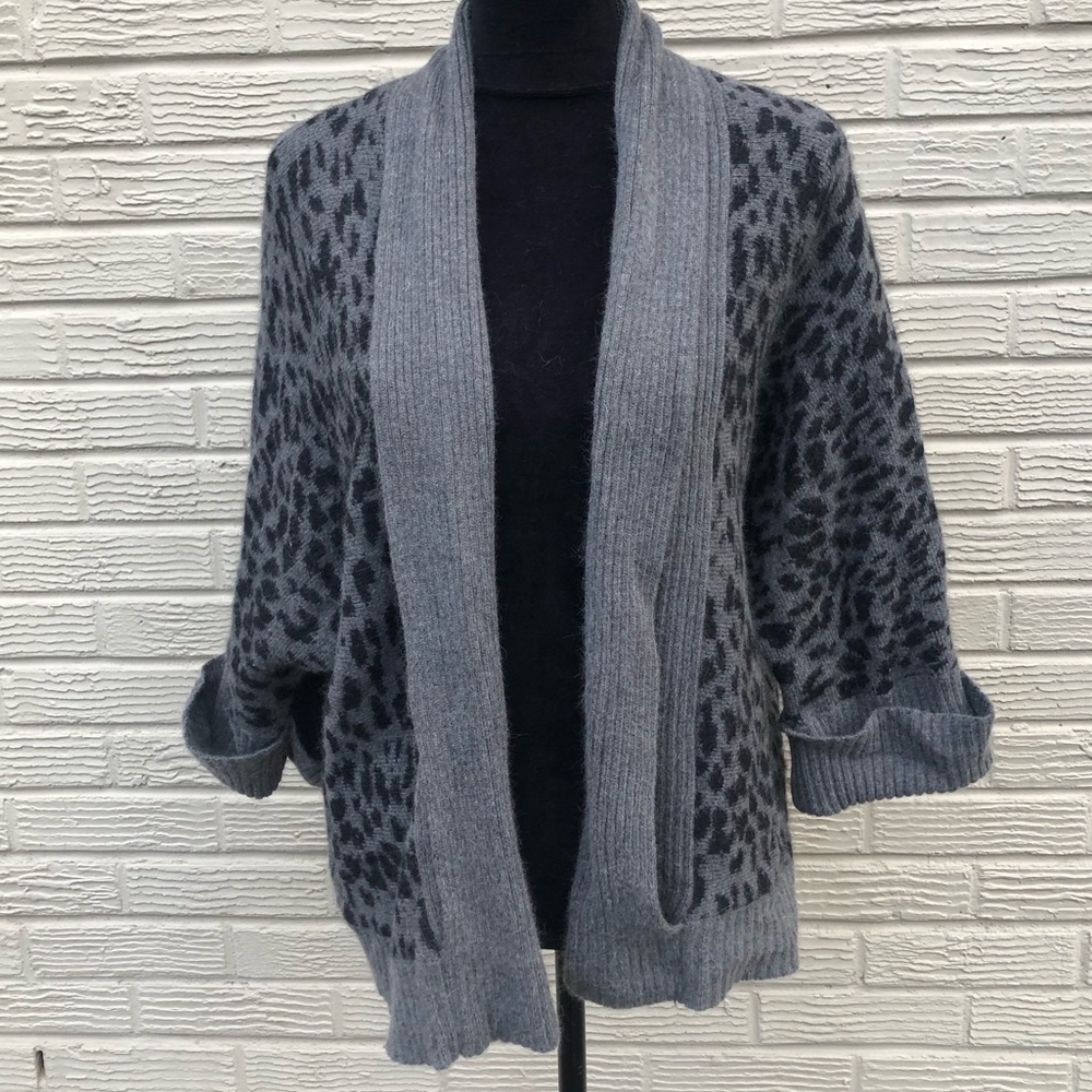 Rafaella Gray Animal Print Angora Rabbit Blend Open Front Cardigan Sweater M